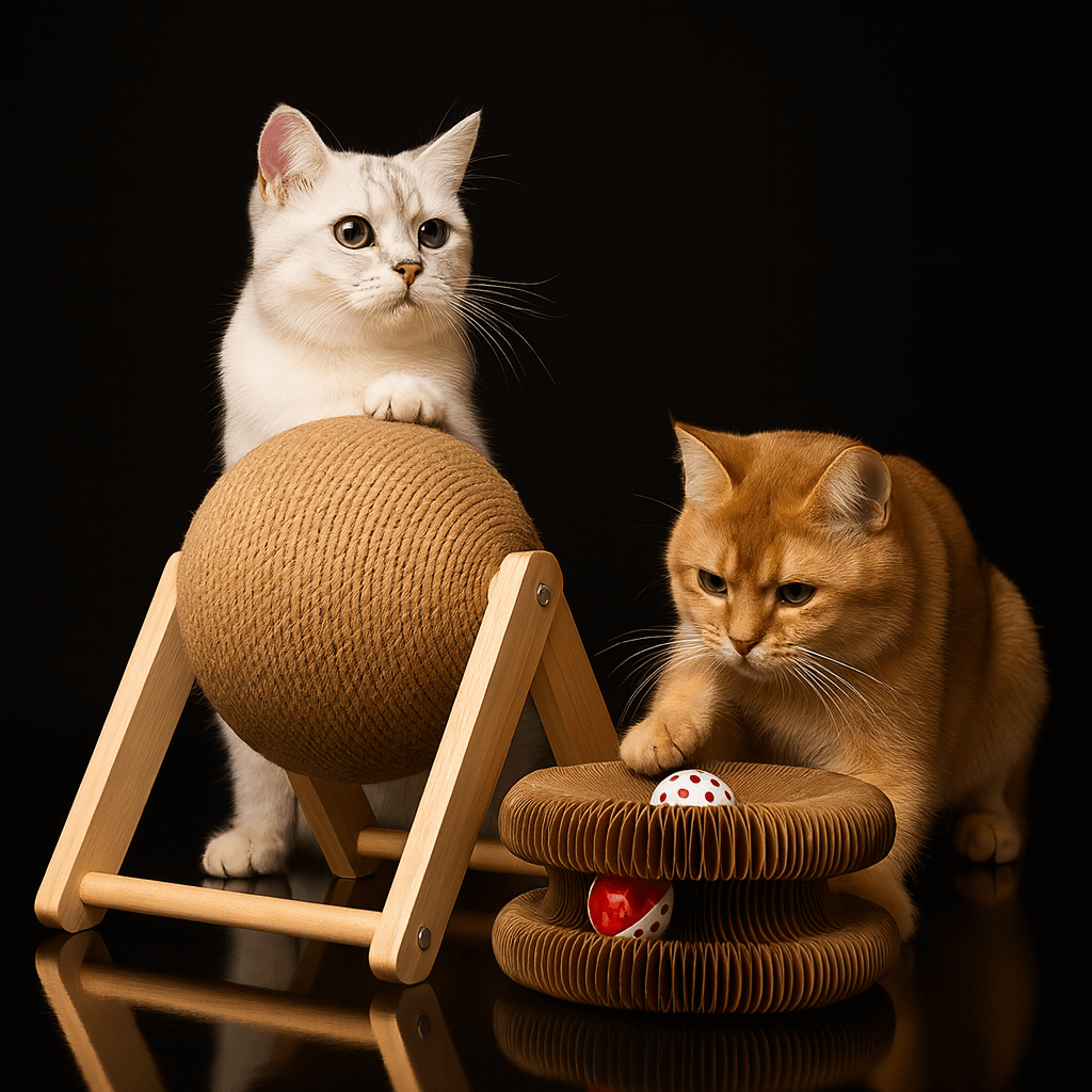 Two cats interacting with StayPurr cat toys on a black background