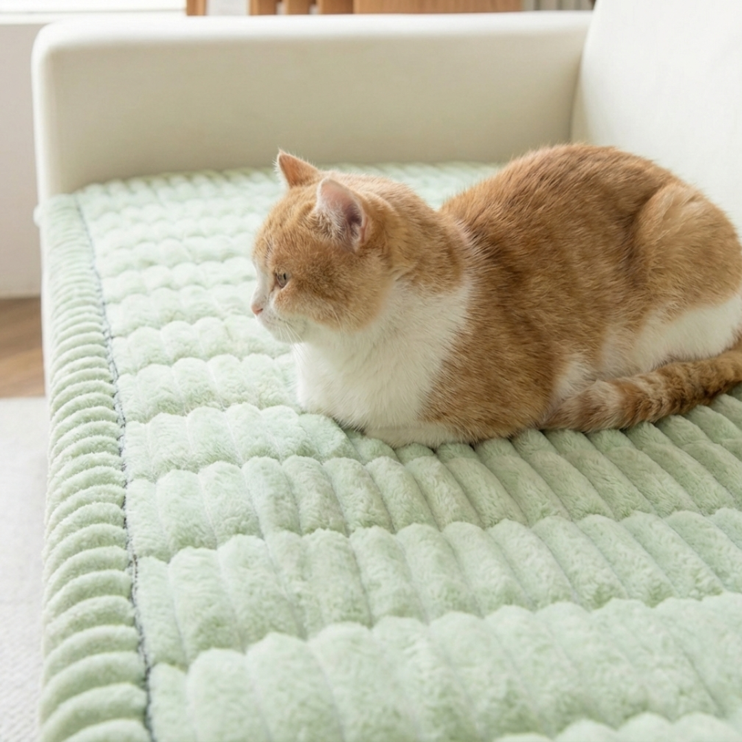Orange and white cat lying on the StayPurr cat proof couch cover in sage green, close-up of the ribbed scratch-resistant fabric