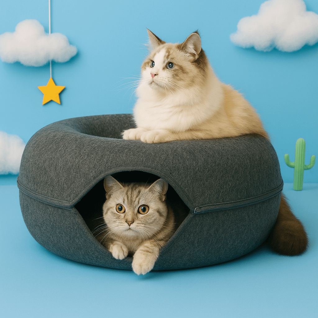 Two cats in a gray StayPurr Tunnel Bed against a blue background with cloud and star decorations.