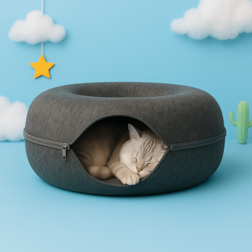 Cat sleeping in a gray StayPurr Tunnel Bed with a blue background and cloud and star decorations