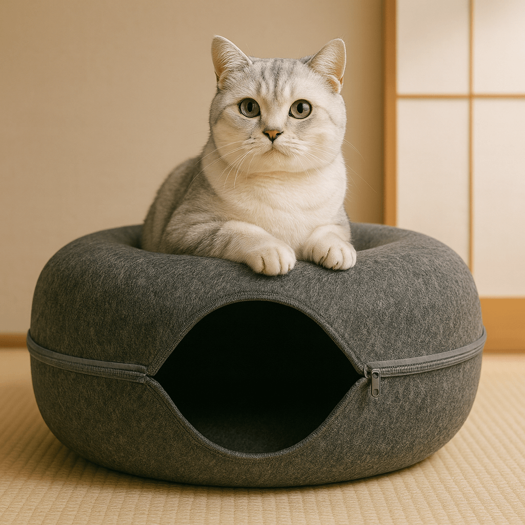 Cat sitting on a gray StayPurr Tunnel Bed with a wooden floor and wall in the background