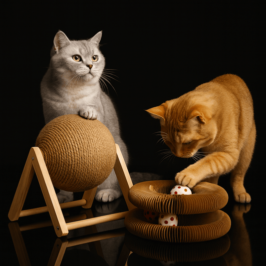 Two cats interacting with StayPurr cat toys on a black background
