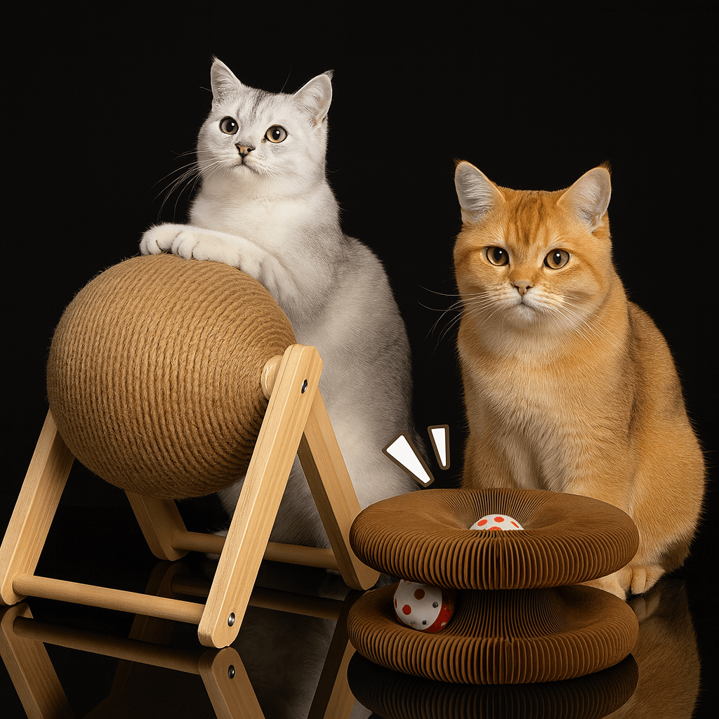 Two cats sitting on  wooden StayPurr cat toys with a black background