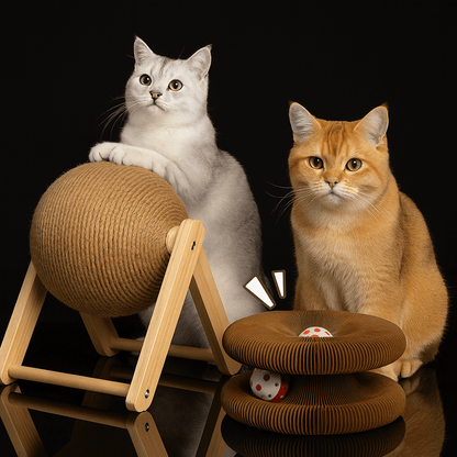 Two cats sitting on  wooden StayPurr cat toys with a black background