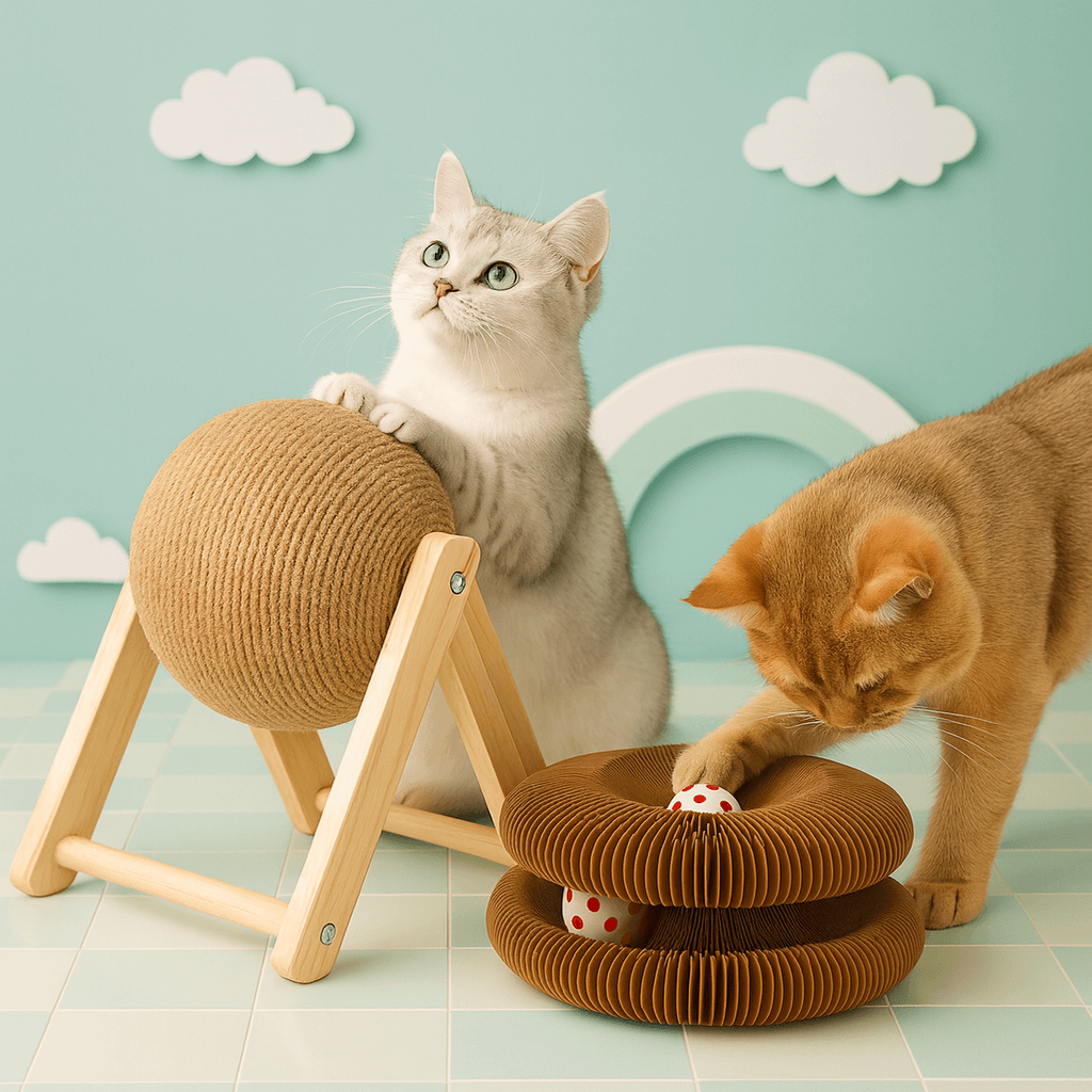 Two cats interacting with StayPurr cat toys on a light blue background with clouds.
