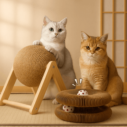 Two cats interacting with StayPurr cat toys on a japanese floor.