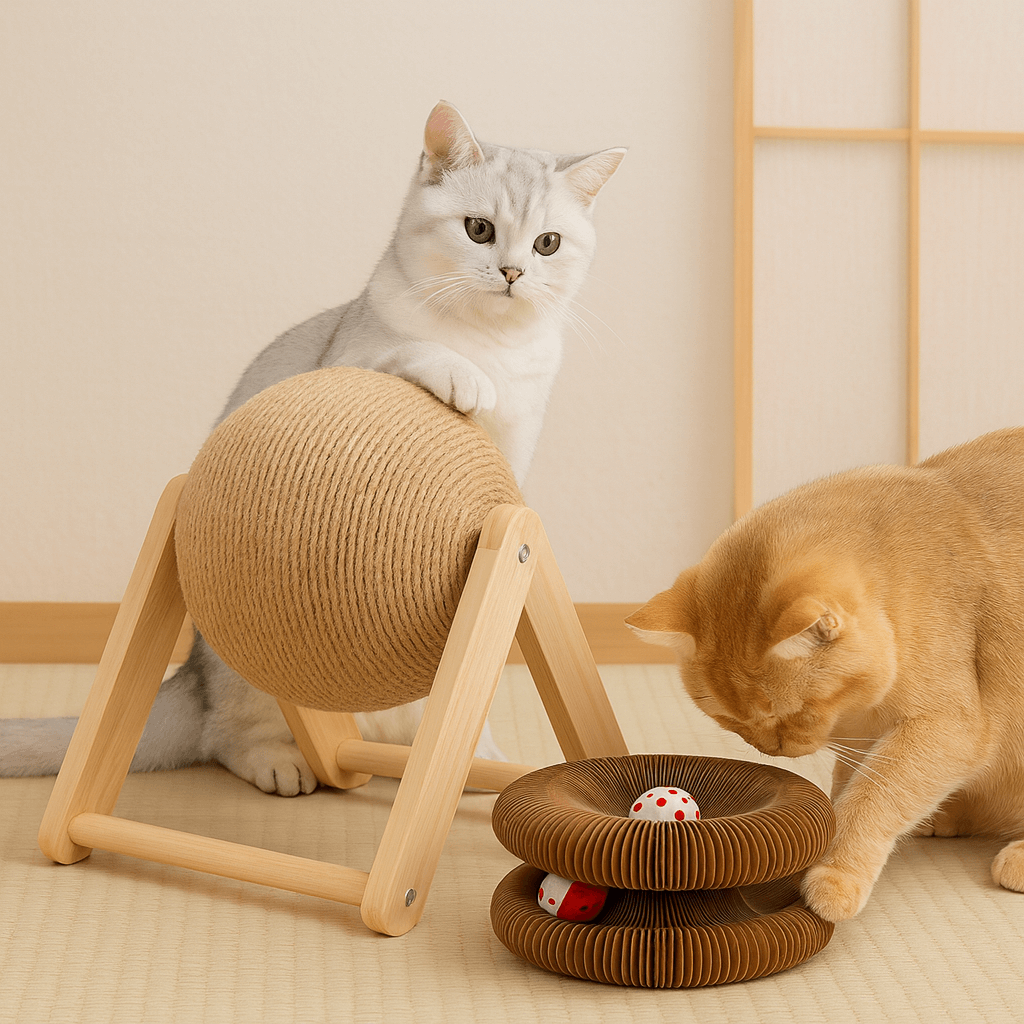 Two cats interacting with StayPurr cat toys 