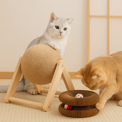 Two cats interacting with StayPurr cat toys 