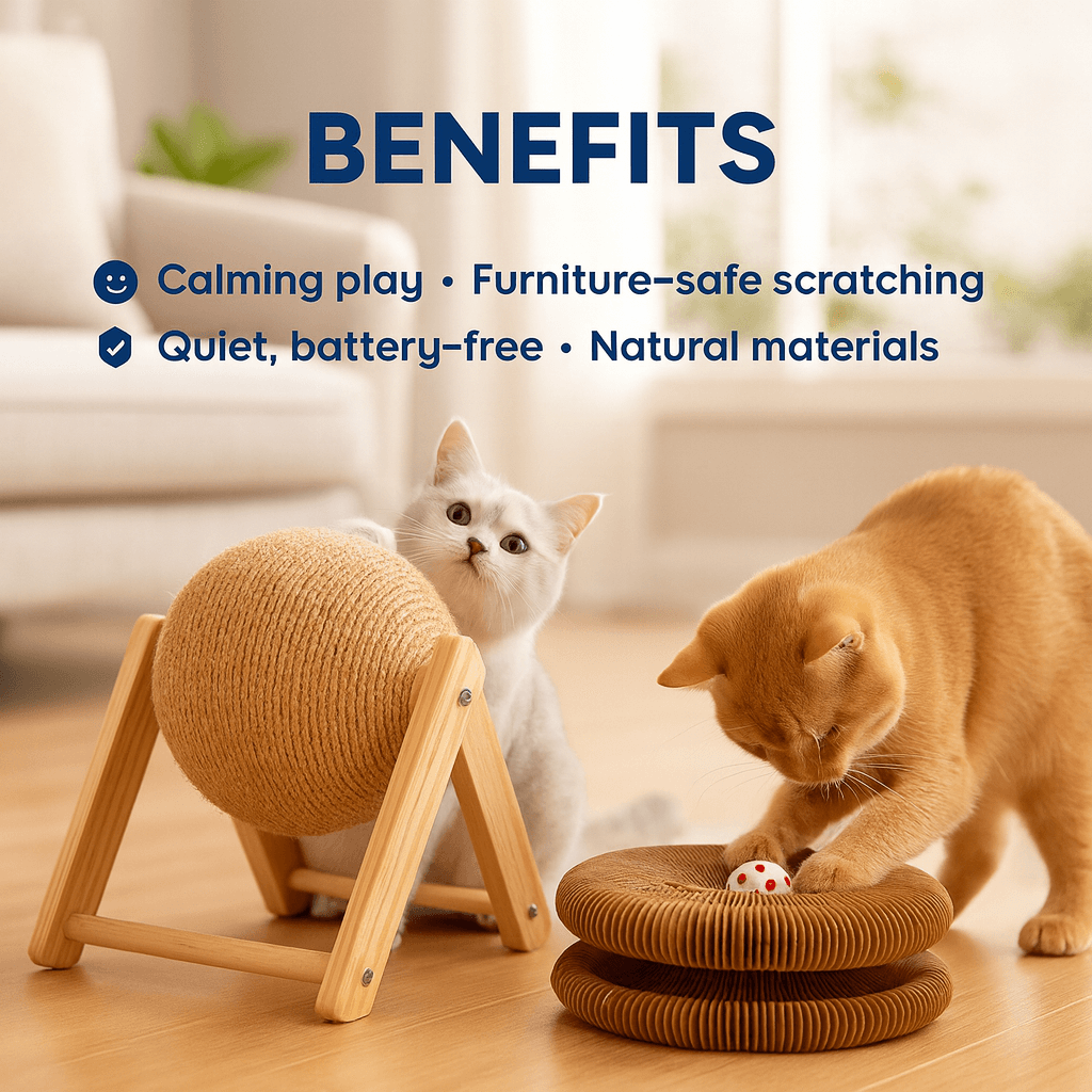 Two cats interacting with STAYPURR cat toys on a wooden floor, with text listing benefits.