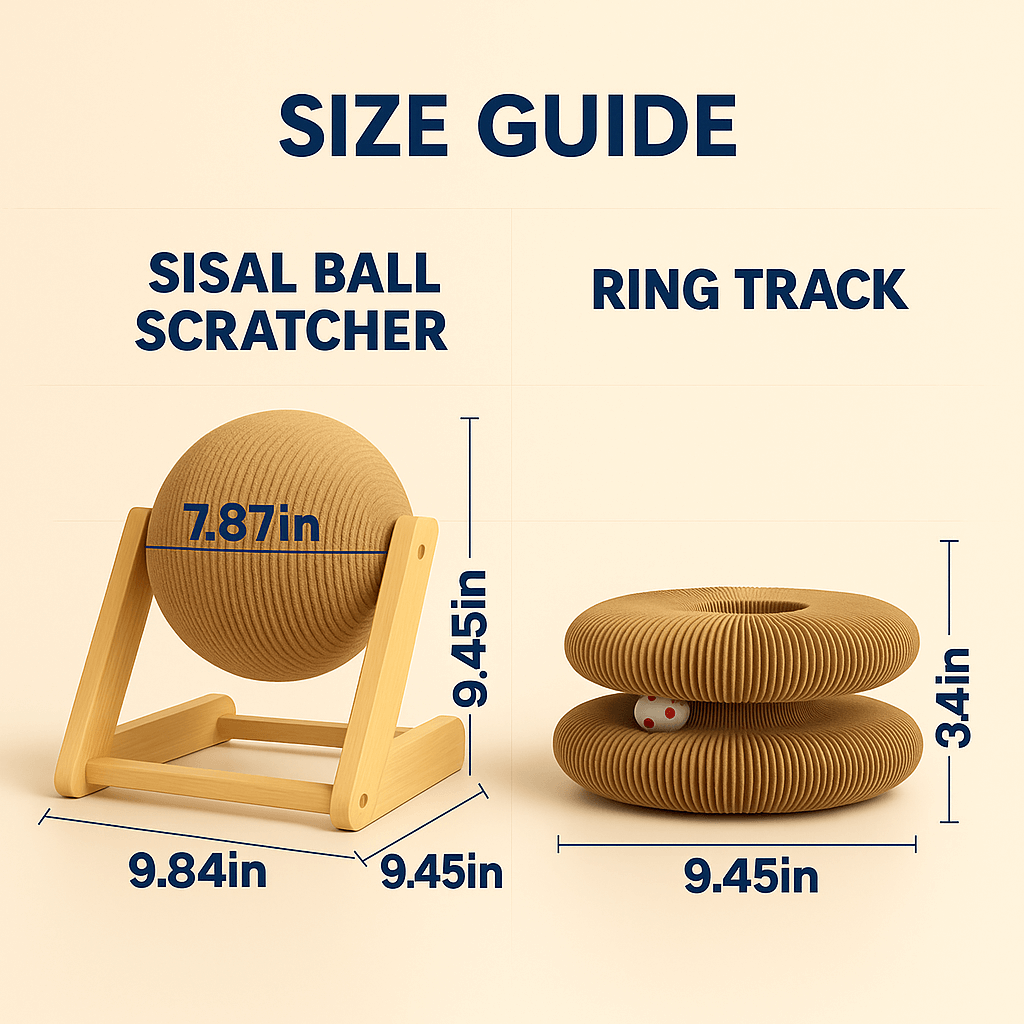 StayPurr cat toys size guide comparing a sisal ball scratcher and a ring track with measurements on a beige background.