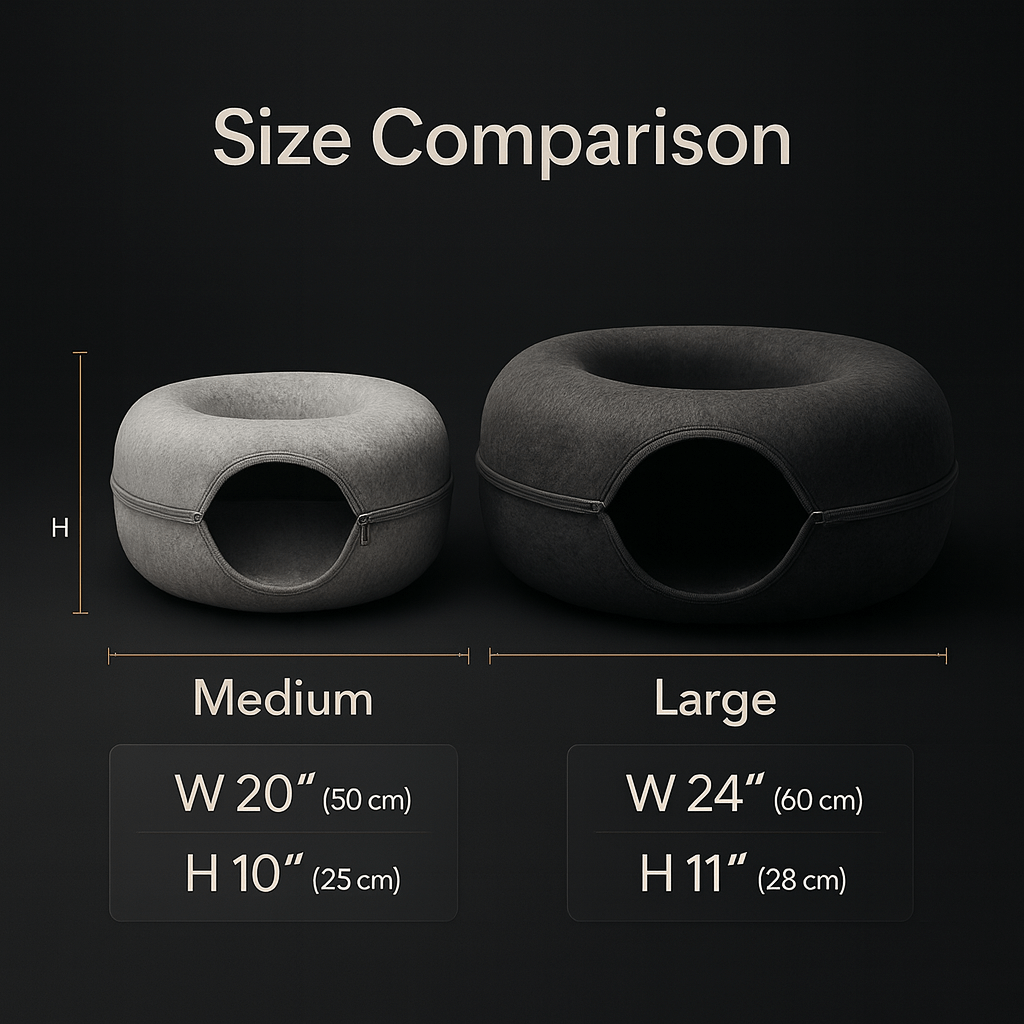 Size comparison chart for medium and large StayPurr Tunnel Beds with dimensions labeled.