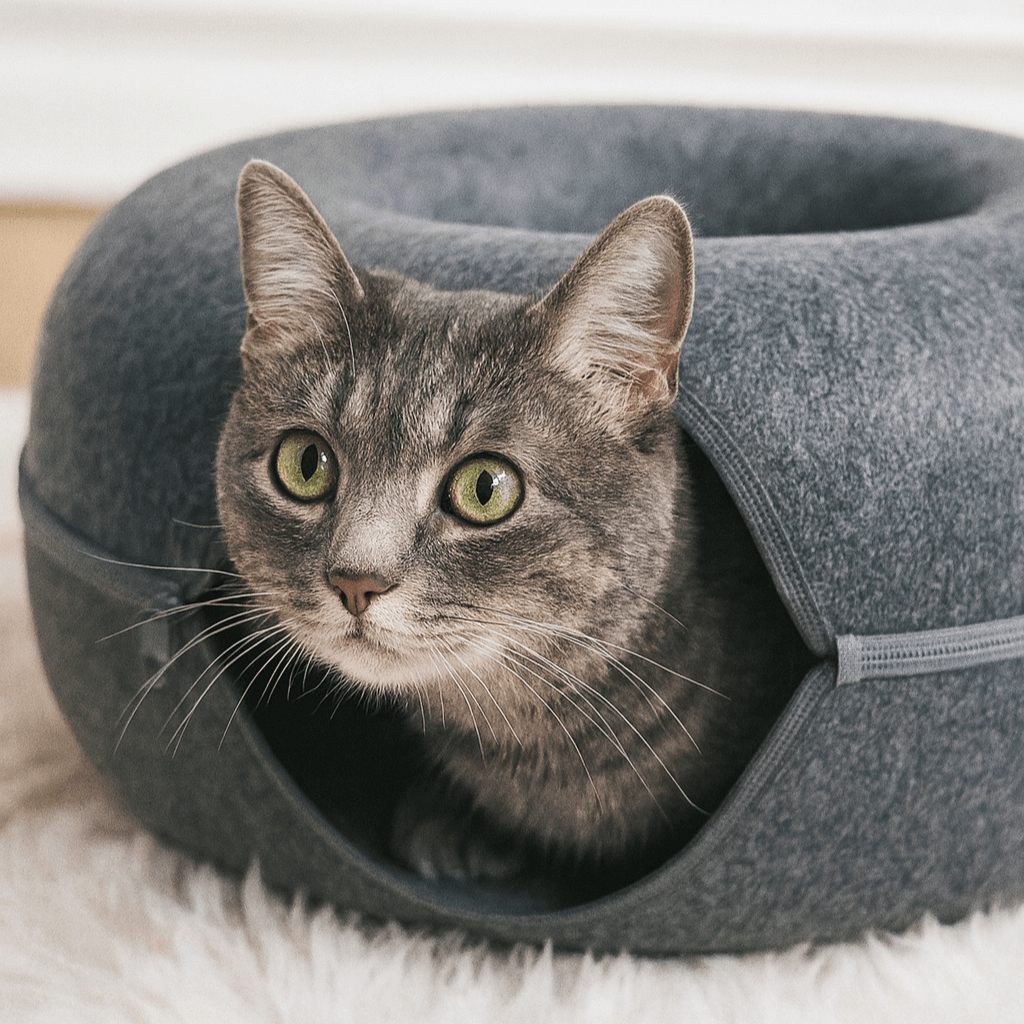 Cat peeking out from a gray StayPurr cat tunnel bed in a living room