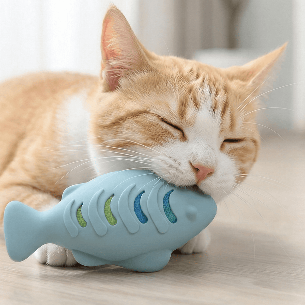 Cat playing with a StayPurr blue fish-shaped toy on a light wooden floor.