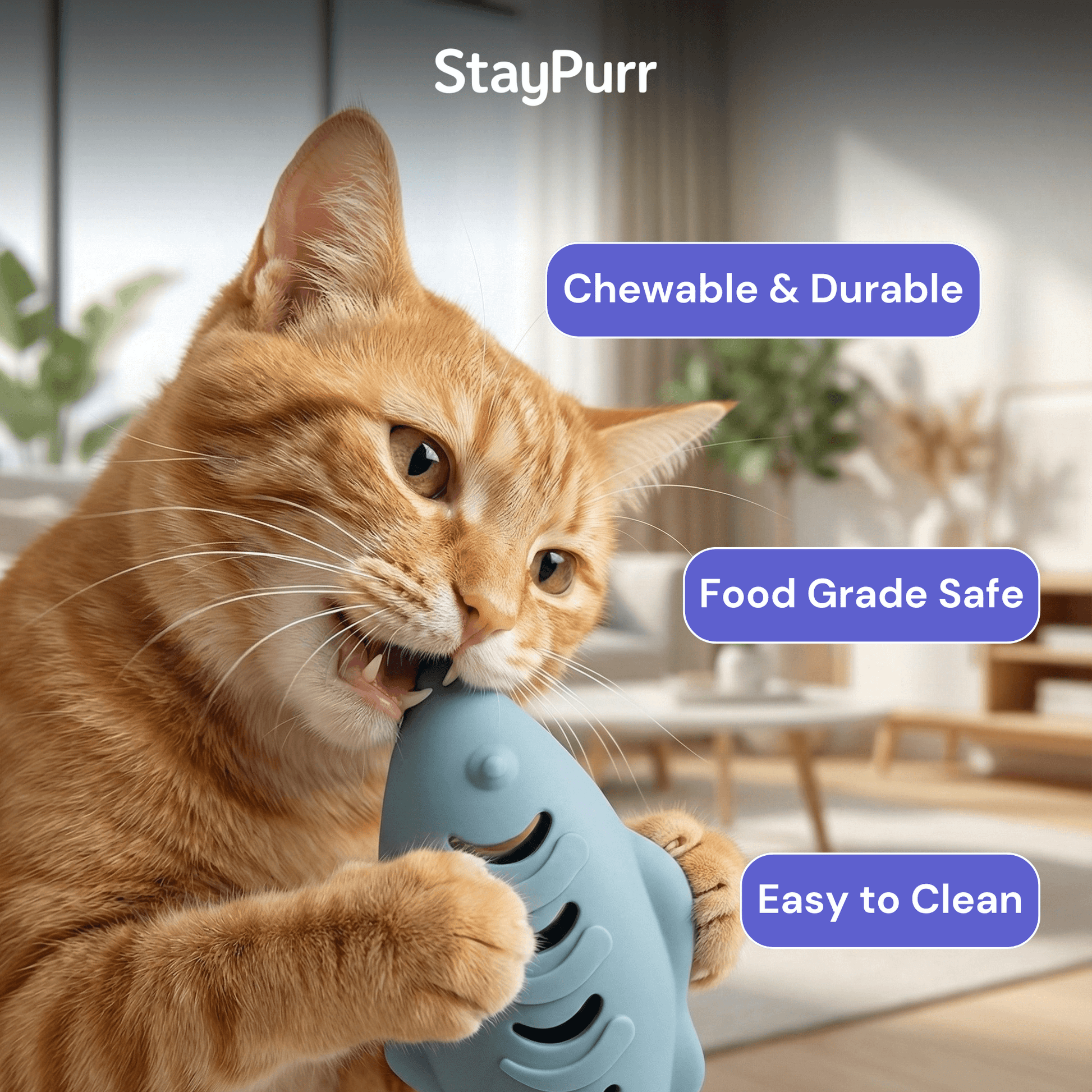 Cat playing with a blue StayPurr chew toy, with 'StayPurr' branding and features listed.