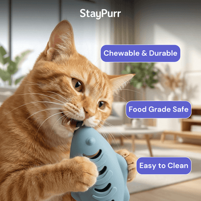 Cat playing with a blue StayPurr chew toy, with 'StayPurr' branding and features listed.