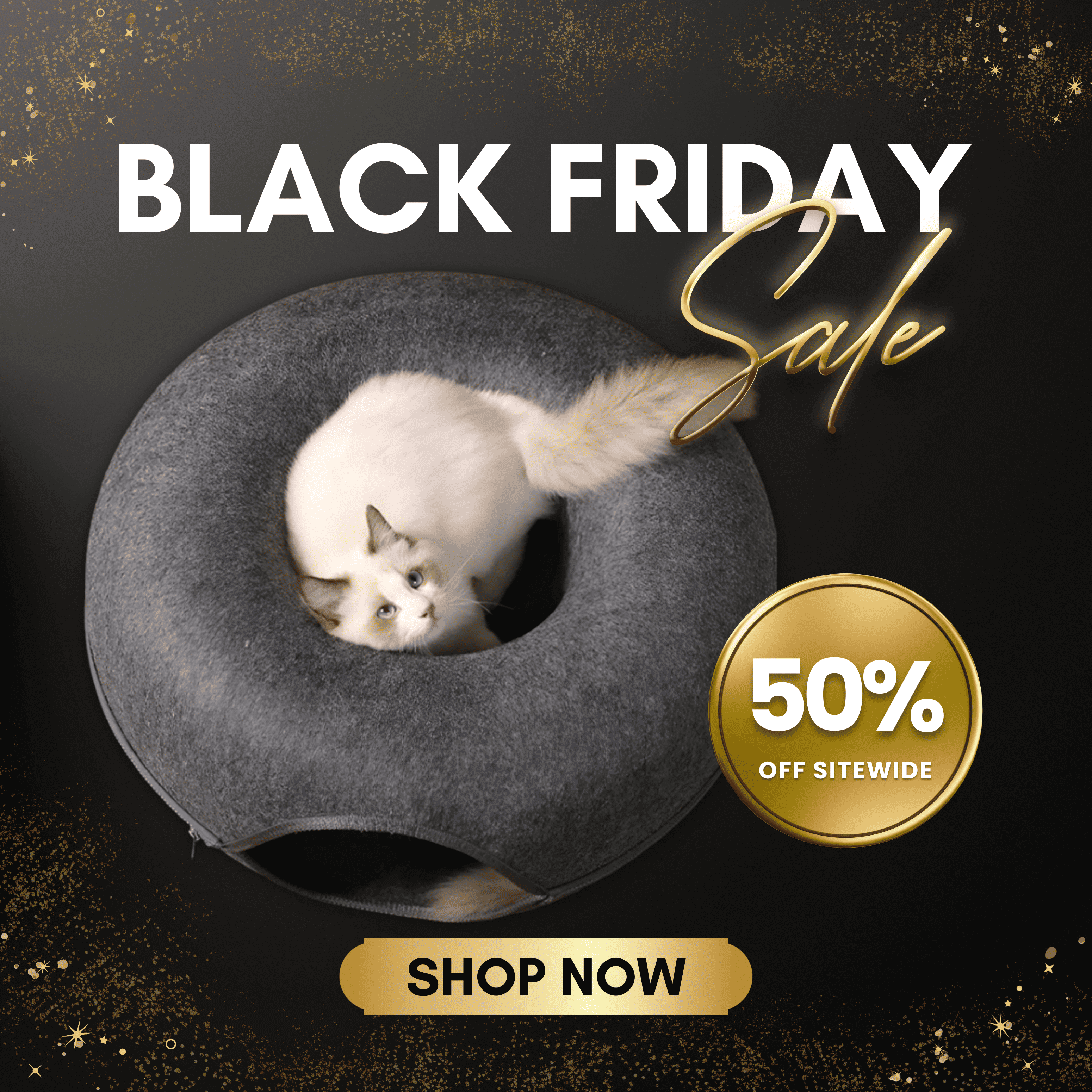 Cat bed with a cat inside, Black Friday sale text, and discount offer on a dark background