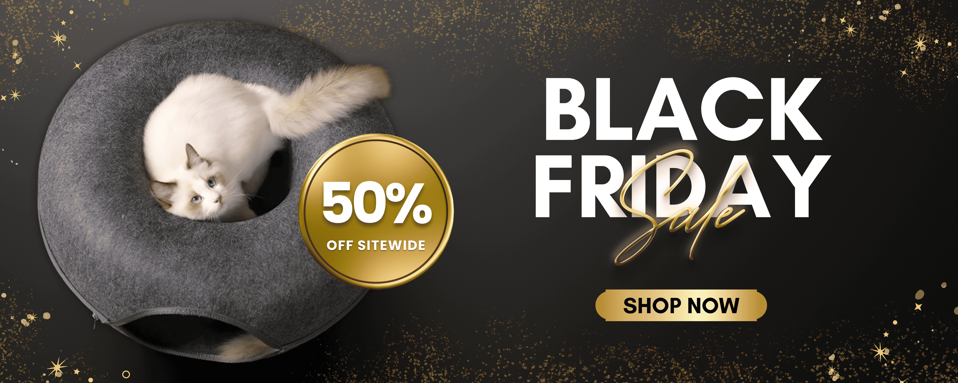 Black Friday sale banner with a cat in a pet bed and promotional text.