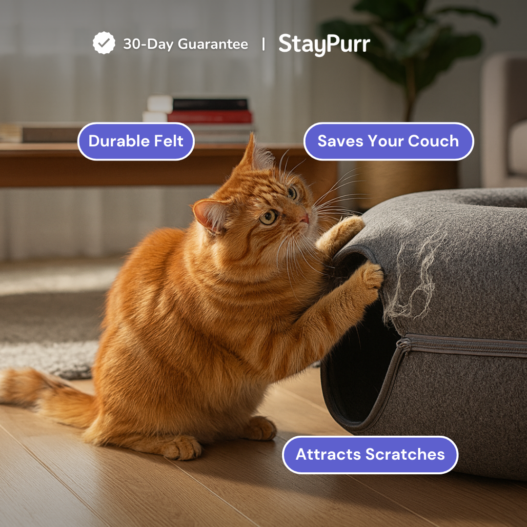 Cat scratching StayPurr Cat Tunnel Bed with 'StayPurr' branding and product features highlighted.