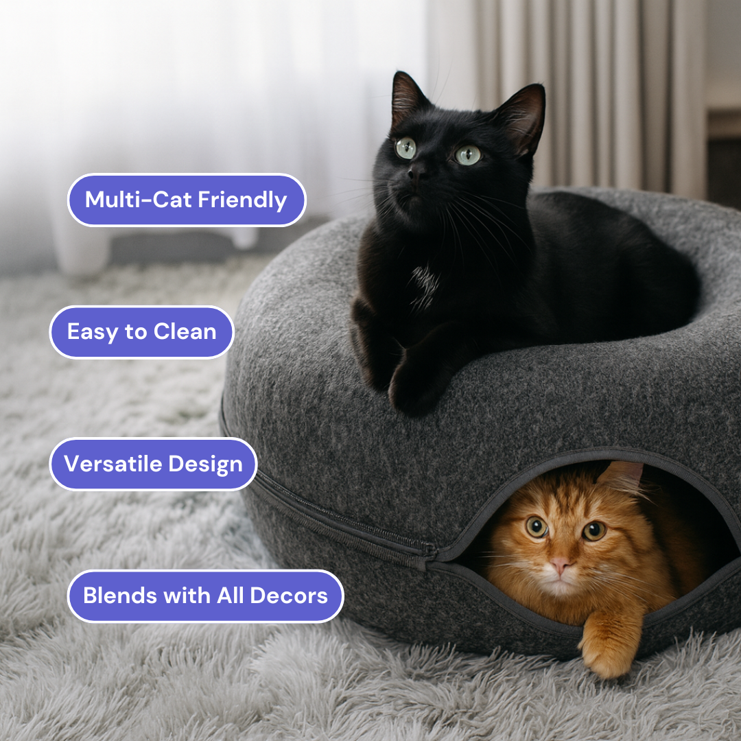 Two cats in a gray StayPurr Cat Tunnel Bed with features listed above.