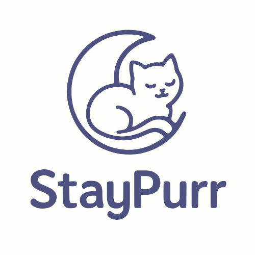 Logo of 'StayPurr' with a cat on a moon and the brand name below.