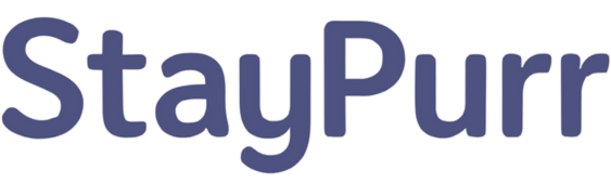 Logo of 'StayPurr' in blue text on transparent background