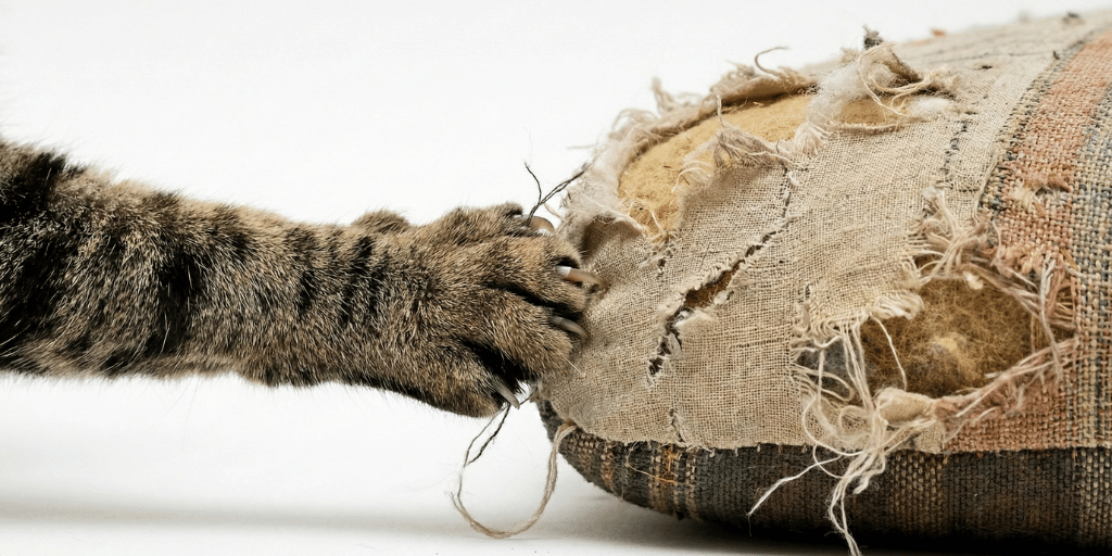 Cat paw destroying a sofa cushion on a white background