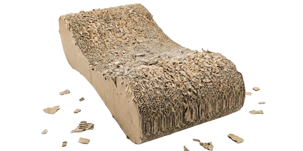 Cardboard scratcher with a messy surface on a white background