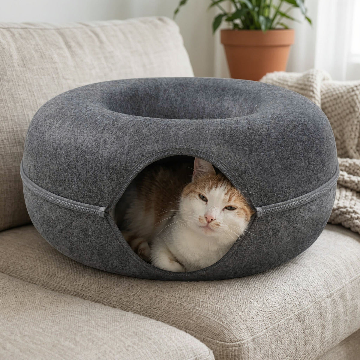 A ginger-and-white cat looking out from inside the charcoal StayPurr felt donut tunnel on a sofa
