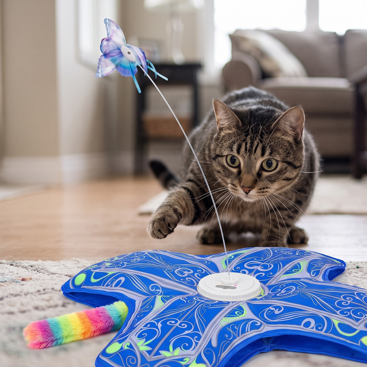 Tabby cat reaching for the butterfly of the StayPurr Hide & Seek interactive cat toy for indoor cats, tail under the blue cover